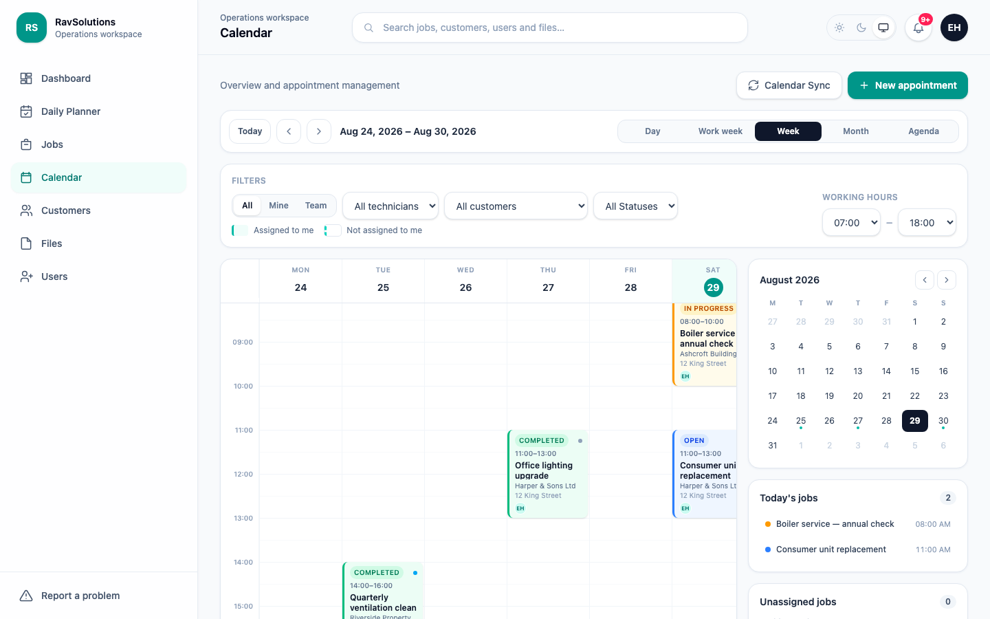 The RavSolutions WorkHub calendar in week view, showing each job’s time slot, status, customer and assigned technician, with drag-and-drop rescheduling.