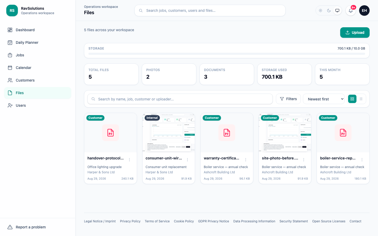 The RavSolutions WorkHub file library with photos and documents attached to jobs and customers, marked customer-visible or internal, and storage usage.