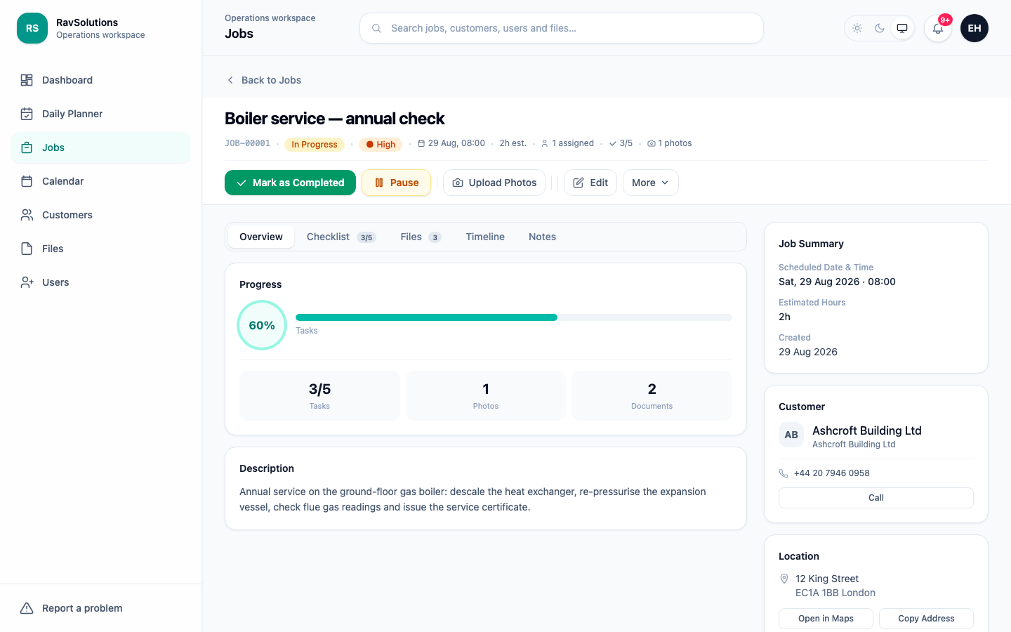 An open job in RavSolutions WorkHub showing status and priority, checklist progress, attached photos and documents, customer details and the site address.